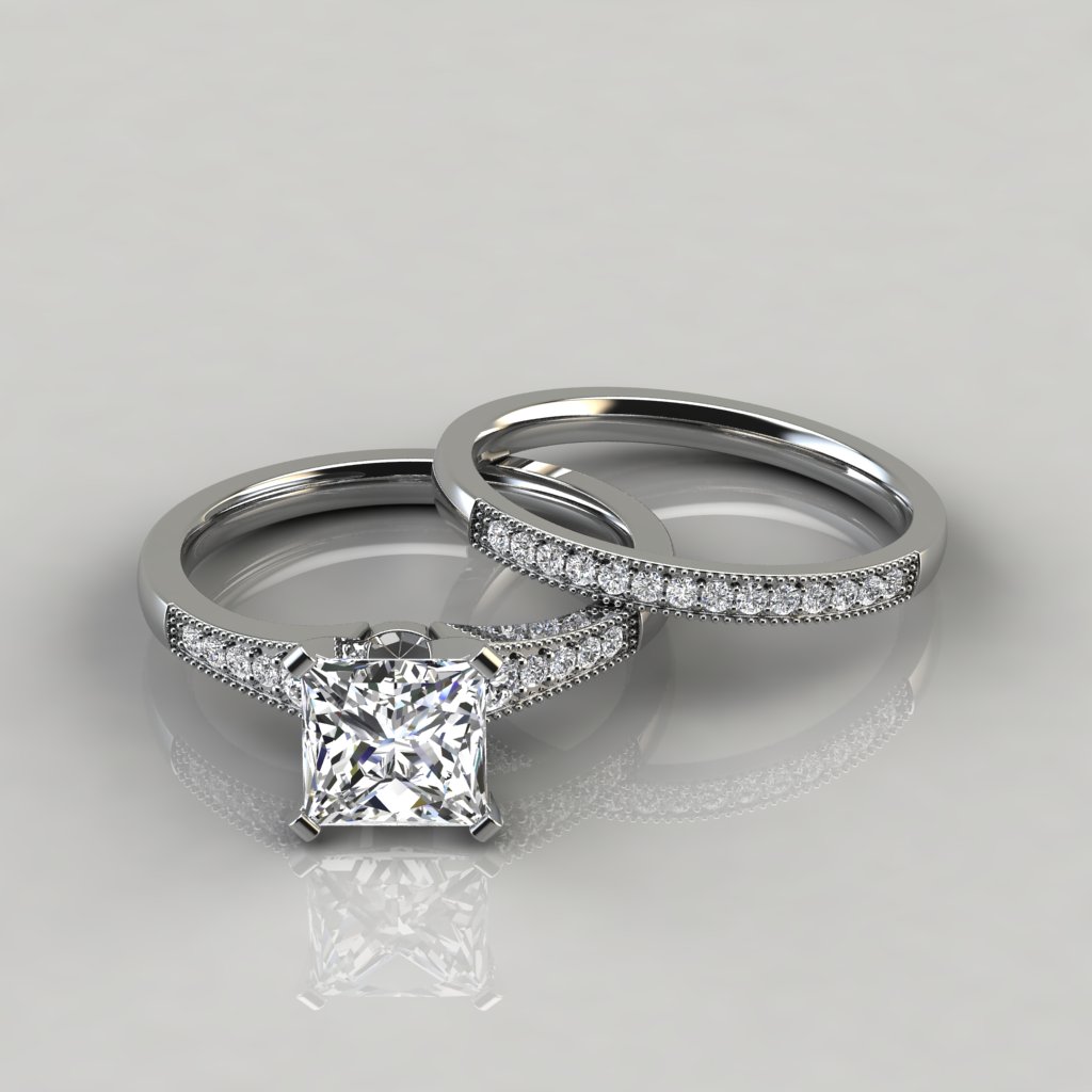 Lab Diamonds Princess Cut Graduated Milgrain Bridal Sets Rings